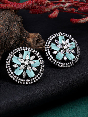 Karatcart Light Green American Diamond Studded Floral Stud Earrings for Women