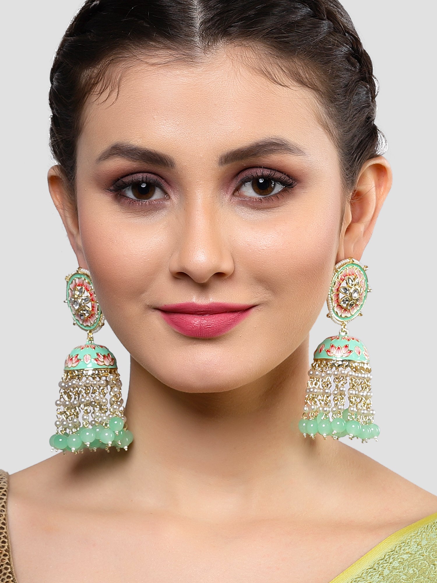 Karatcart Gold Plated Lime Green Meena and Pearl Studded Floral Kundan Jhumki Earrings for Women - view 2