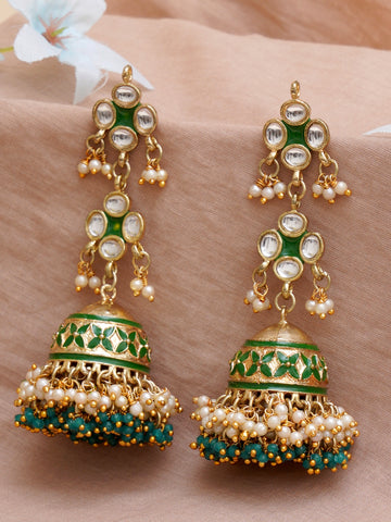 Karatcart Gold Plated Green Meena Handcrafted Kundan Jhumki Earrings for Women