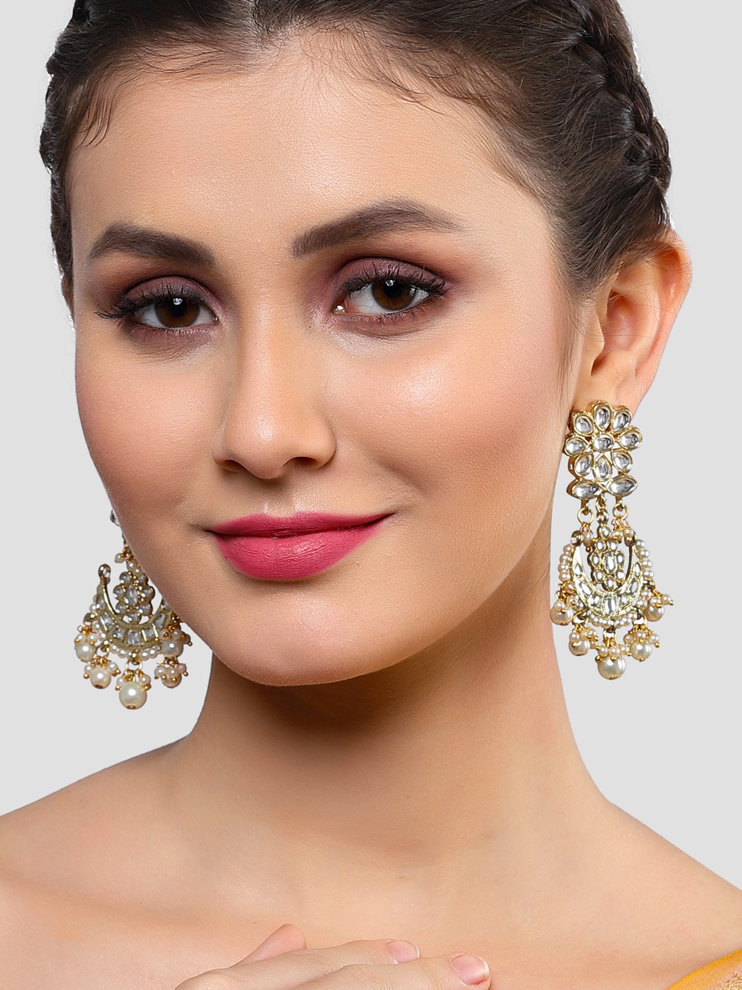 Karatcart Gold Plated Pearl and Floral Kundan Studded Dangler Earrings for Women - Image 1