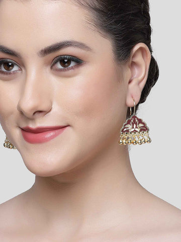 Karatcart Gold Plated Maroon Meena Peacock Design Drop Earring for Women