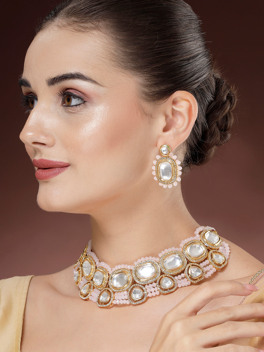 Karatcart Baby Pink Crystal Polki Kundan Necklace Set for Women