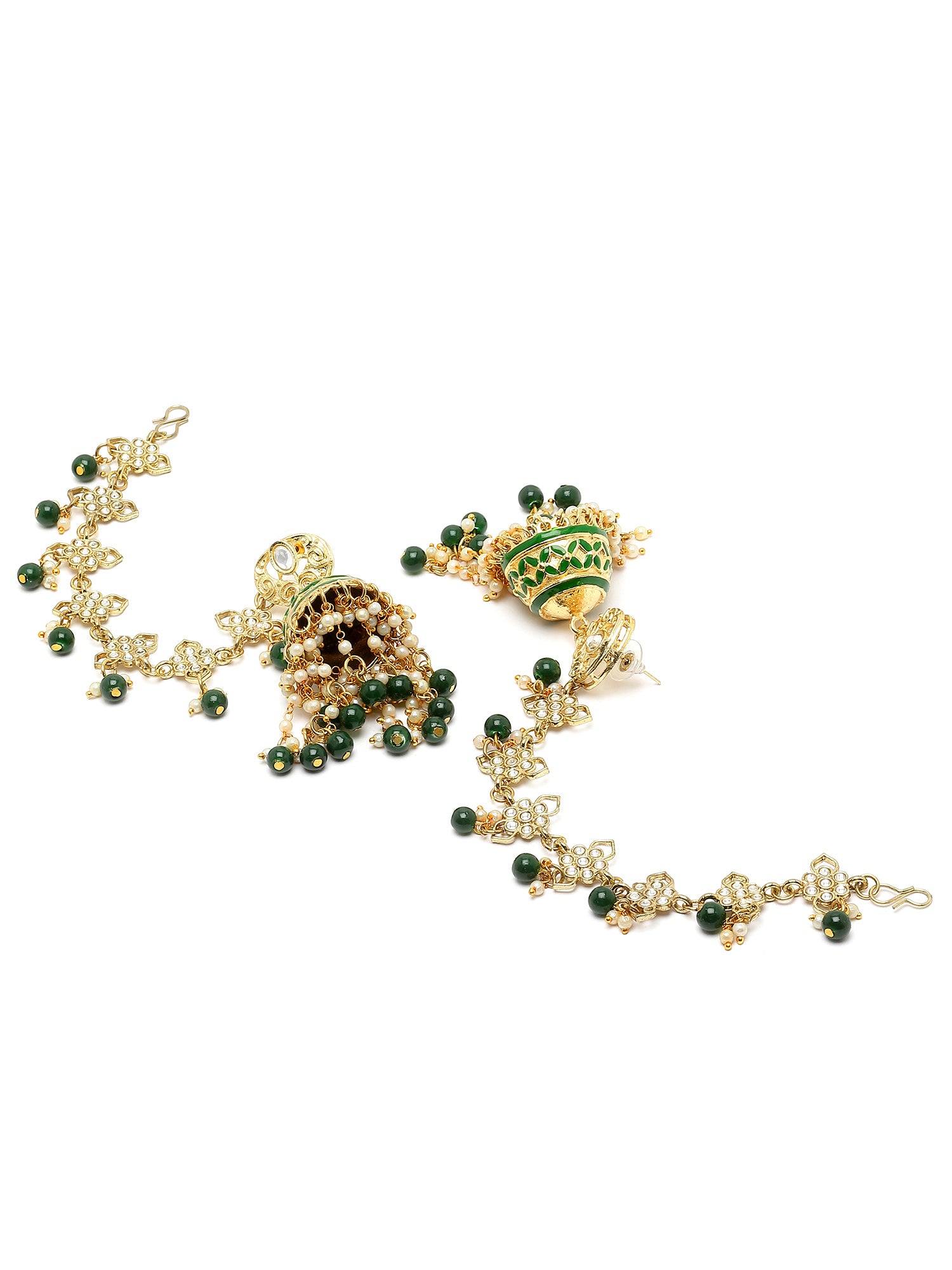 Karatcart Gold Plated Green Meena and Beads Kundan Kaanchain Jhumki Earrings for Women - view 5