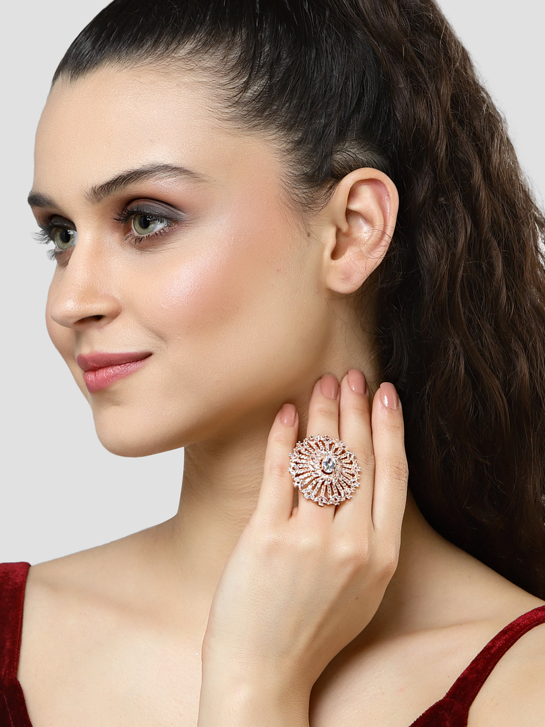 Karatcart Rose Gold Plated White CZ Studded Cocktail Ring for Women