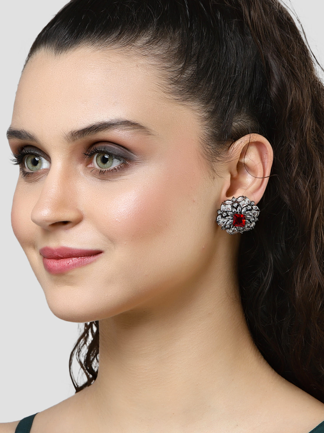 Karatcart Black Silver Tone Red Cubic Zirconia Stud Earrings for Women