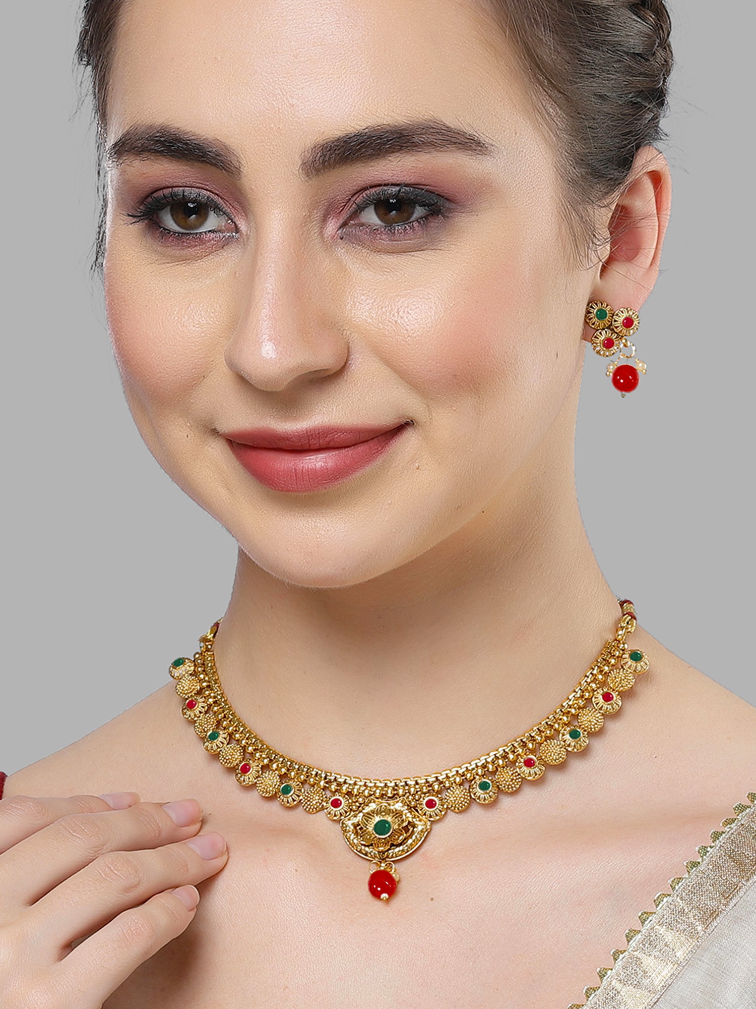 Karatcart Gold Plated Floral Design Red and Green Kundan Necklace Set for Women - Image 1