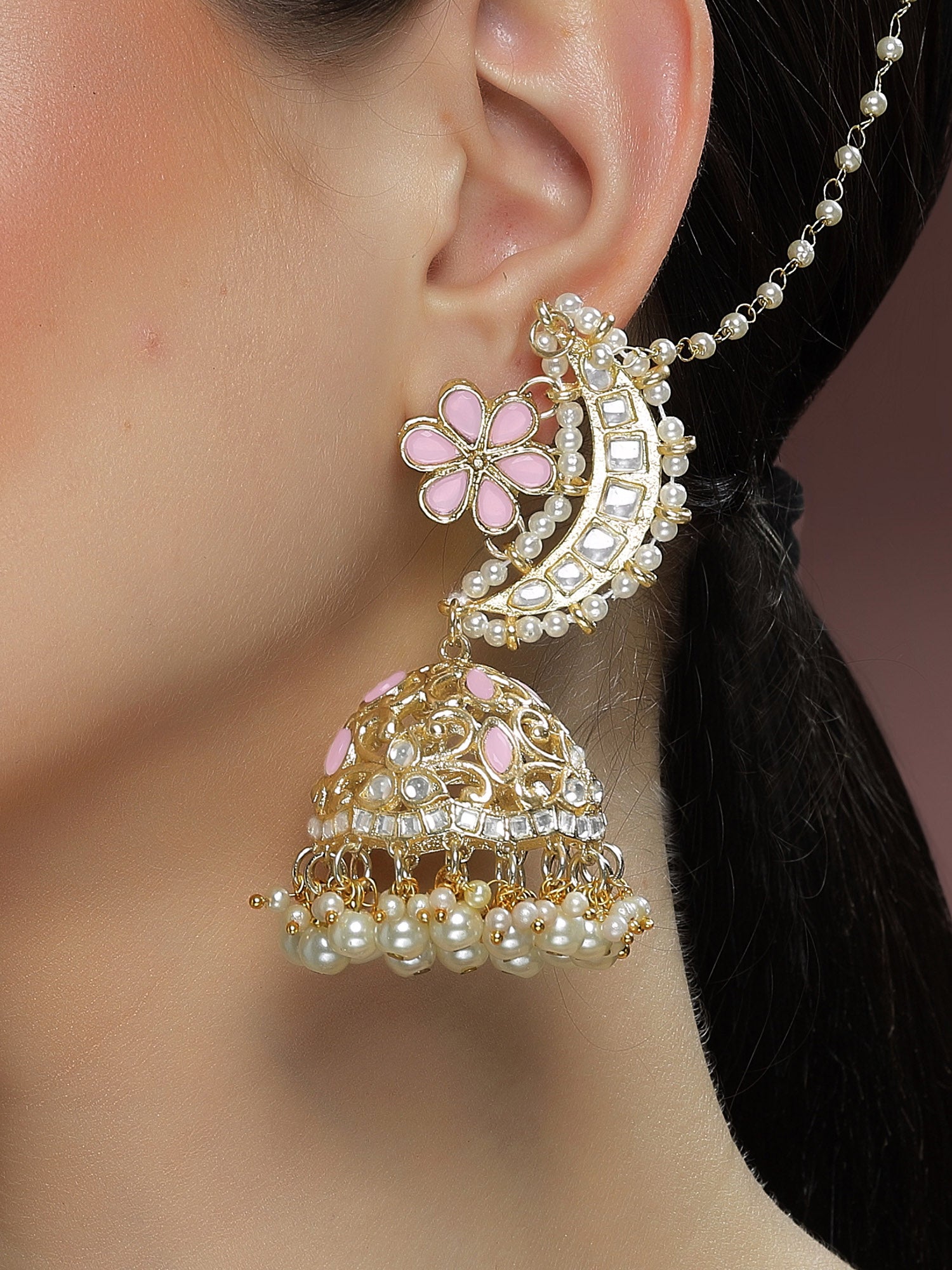 Kraratcart Gold Plated Pink Floral Kundan Jhumki Kaanchain Earrings for Women