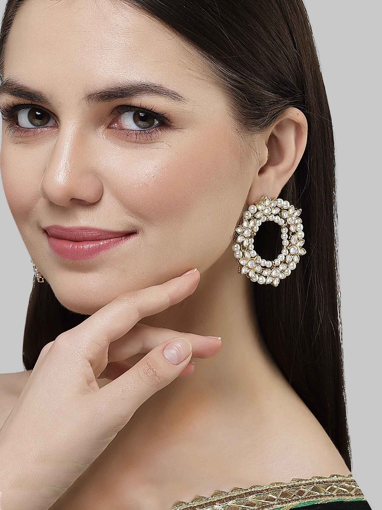 Karatcart Gold Plated Pearl and Floral Kundan Studded Hoop Earring for Women - view 2