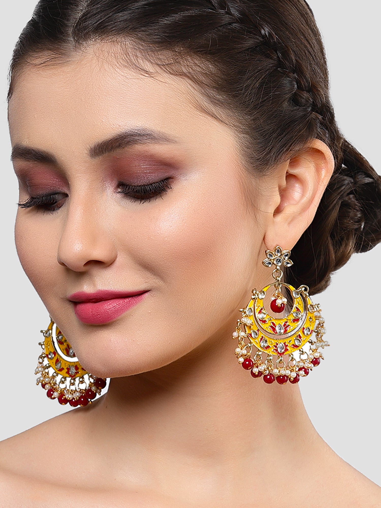 Karatcart Gold Plated Red and Yellow Meena Kundan Chandbali Earrings for Women - Image 1