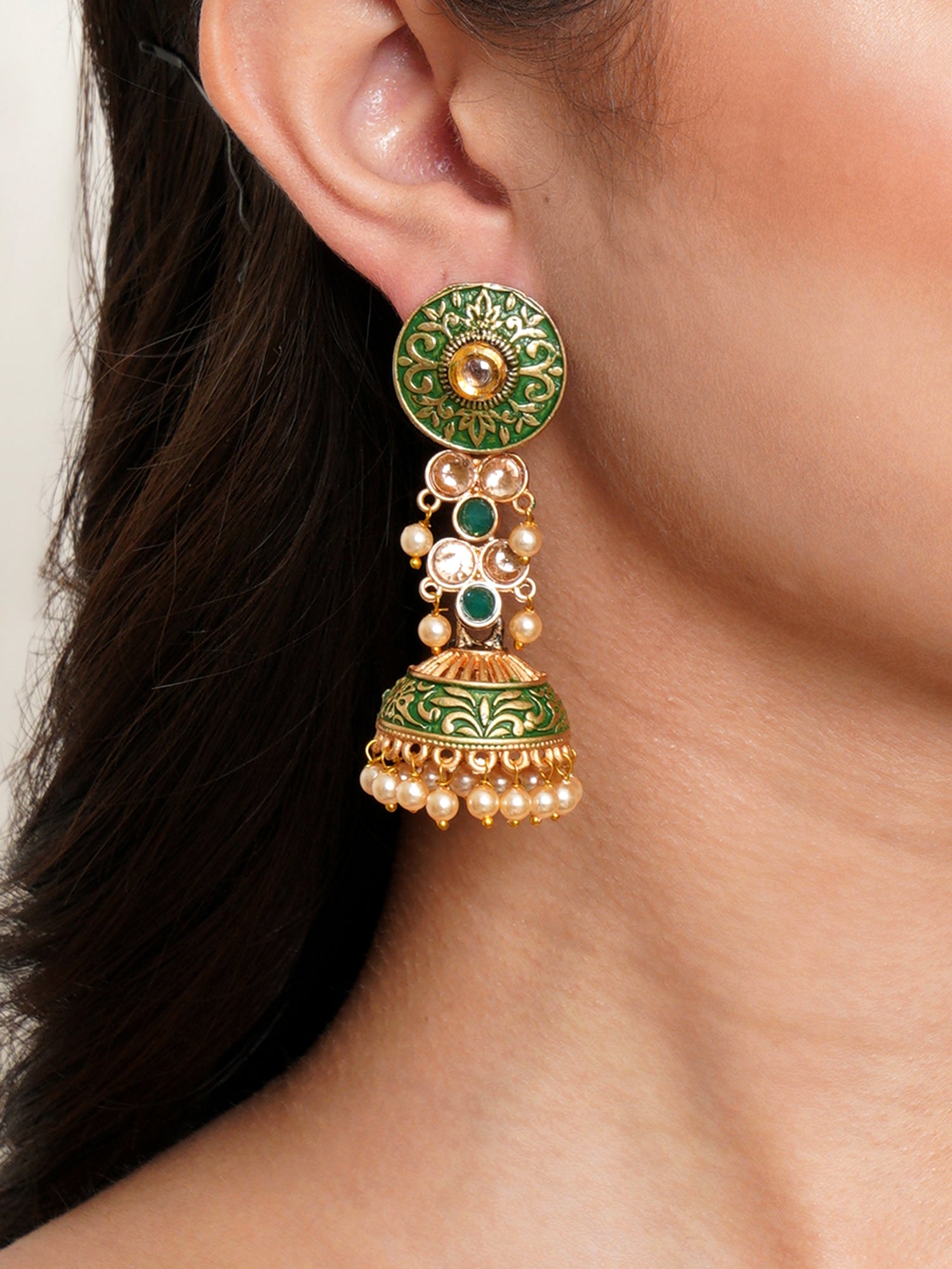 Karatcart Gold Plated Green Meena and Pearl Studded Jhumki Earrings for Women - Image 1