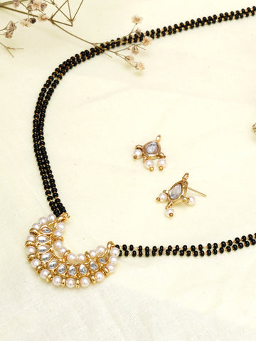 Karatcart Gold Plated Pearl Beads Moon Shape Kundan Mangalsutra with Earrings