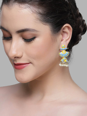 Karatcart Gold Plated Yellow and Light Blue Meena Jhumki Earrings for Women