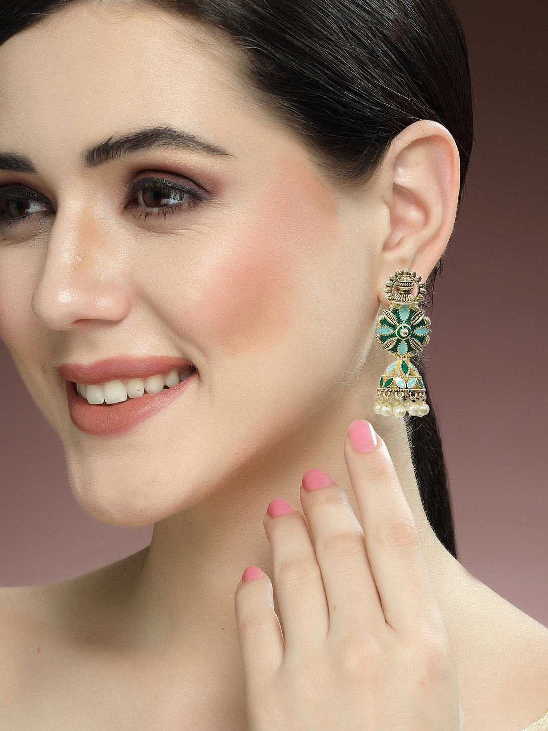 Karatcart Gold Plated Floral Design Green and Light Blue Meena Jhumki Earrings for Women