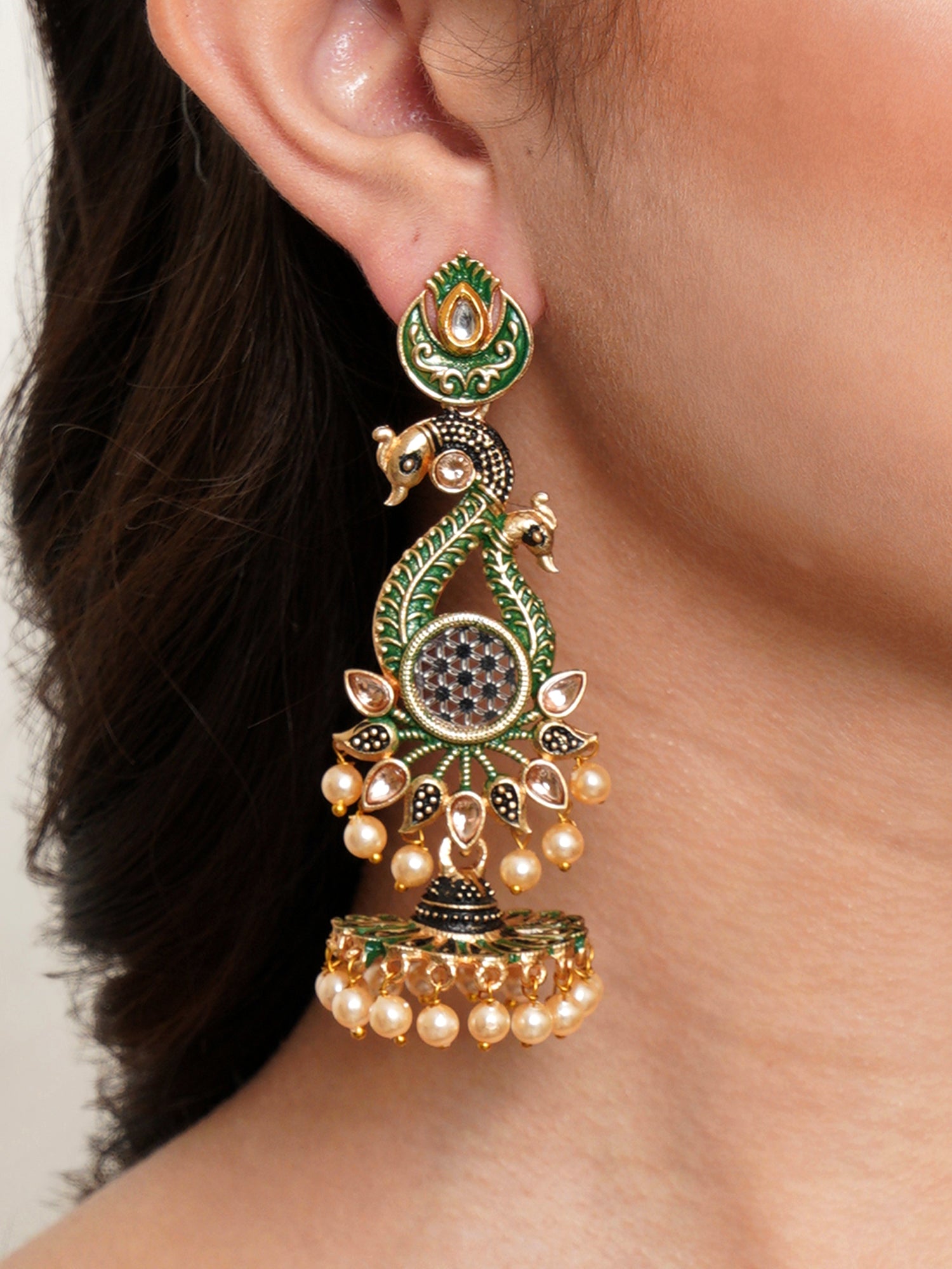 Karatcart Antique Gold Plated Kundan Studded Green Meena Peacock with Flat Jhumki Dangler Earrings - Image 1