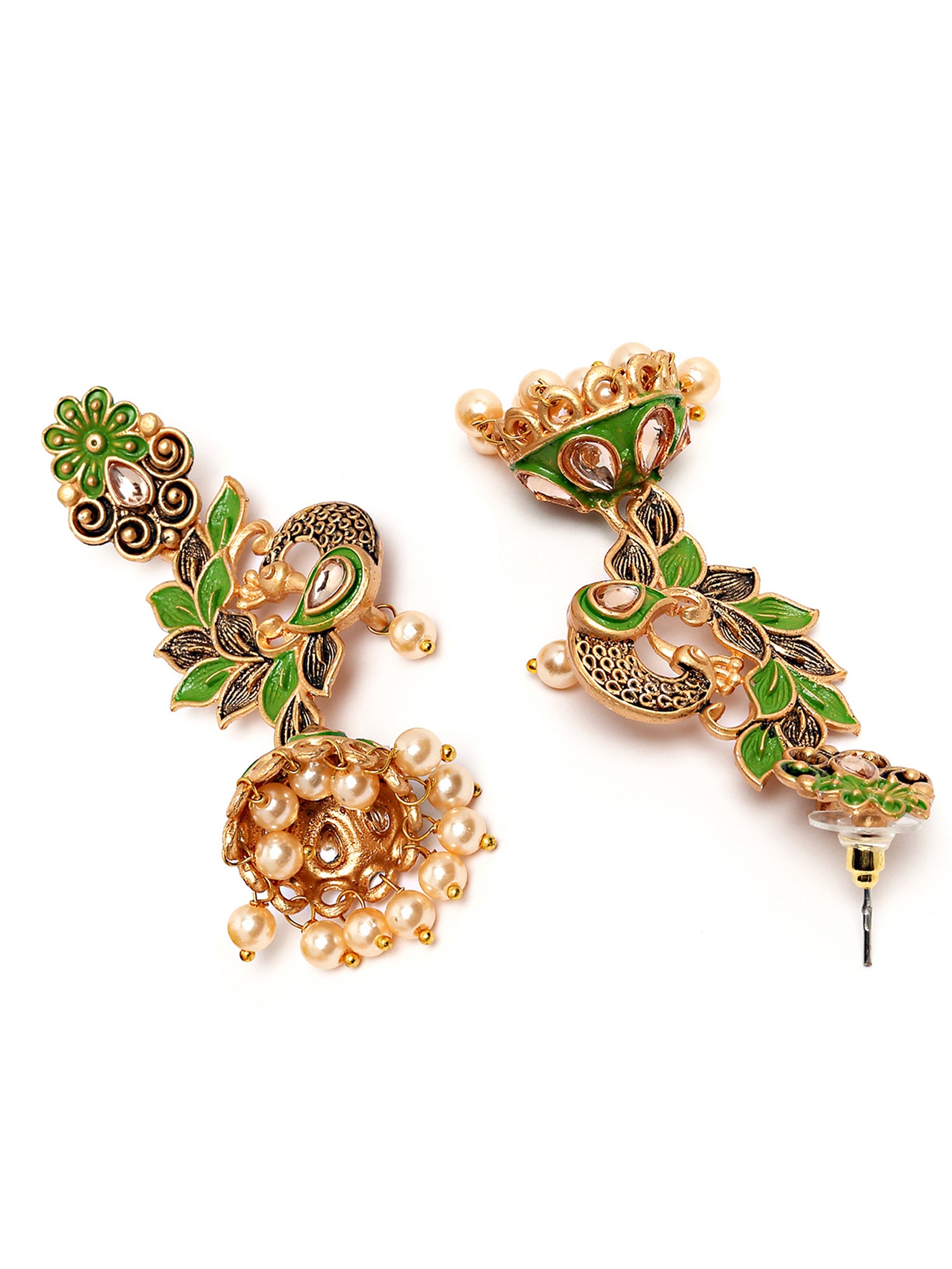Karatcart Gold Plated Peacock Shape Light Green Kundan Dangler Jhumki Earrings for Women - view 5