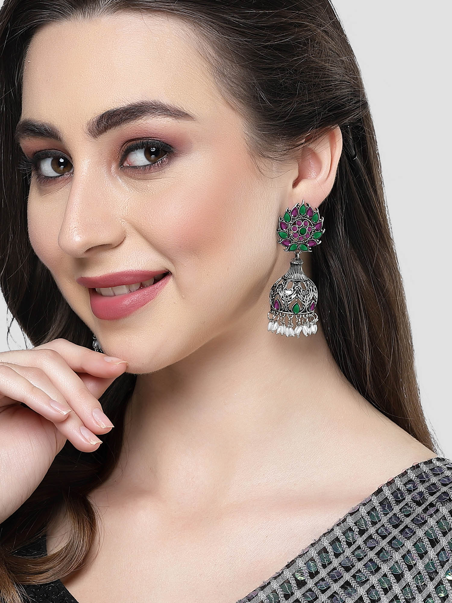 Karatcart Oxidised Silver Purple & Green Stone Drop Earring for Women