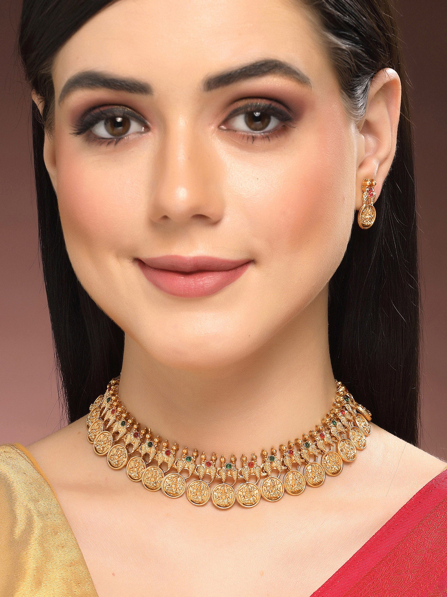 Karatcart Gold-Plated Red & Green Stones Temple Jewellery Set for Women - Image 1