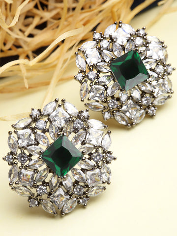 Karatcart Black Silver Plated Green Cubic Zirconia Stud Earrings for Women