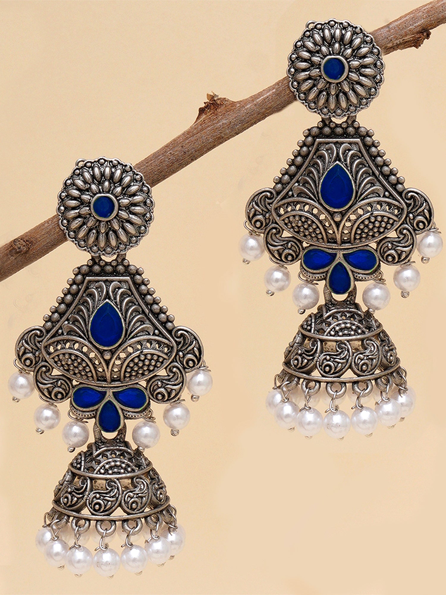 Karatcart Oxidised Silver Handcrafted Blue Long Dangler Jhumki Earrings for Women