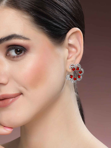 Karatcart Silver Plated Moon Design Red Cubic Zirconia Stud Earrings for Women