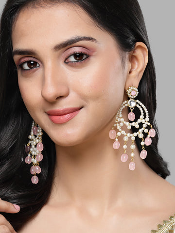 Karatcart Gold Plated Pink Tumble and Pearl Kundan Drop Hoop Earring for Women