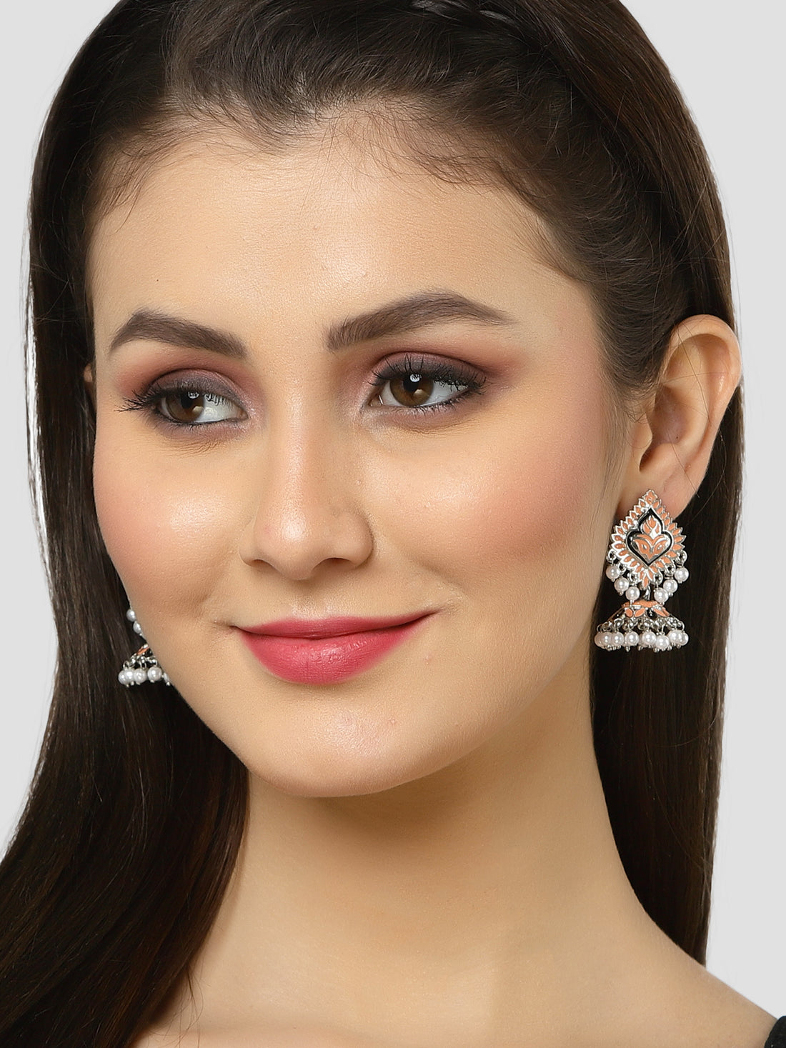 Karatcart Silver Plated Peach Meena Jhumki Earrings for Women