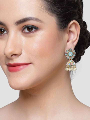 Karatcart Gold Plated Floral Design Pink and Light Blue Meena Jhumki Earrings for Women