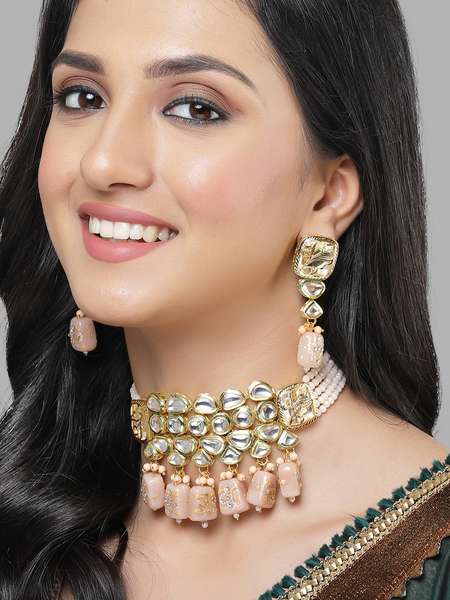 Karatcart Gold Plated Peach Tumble and Polki Kundan Choker Necklace Set for Women