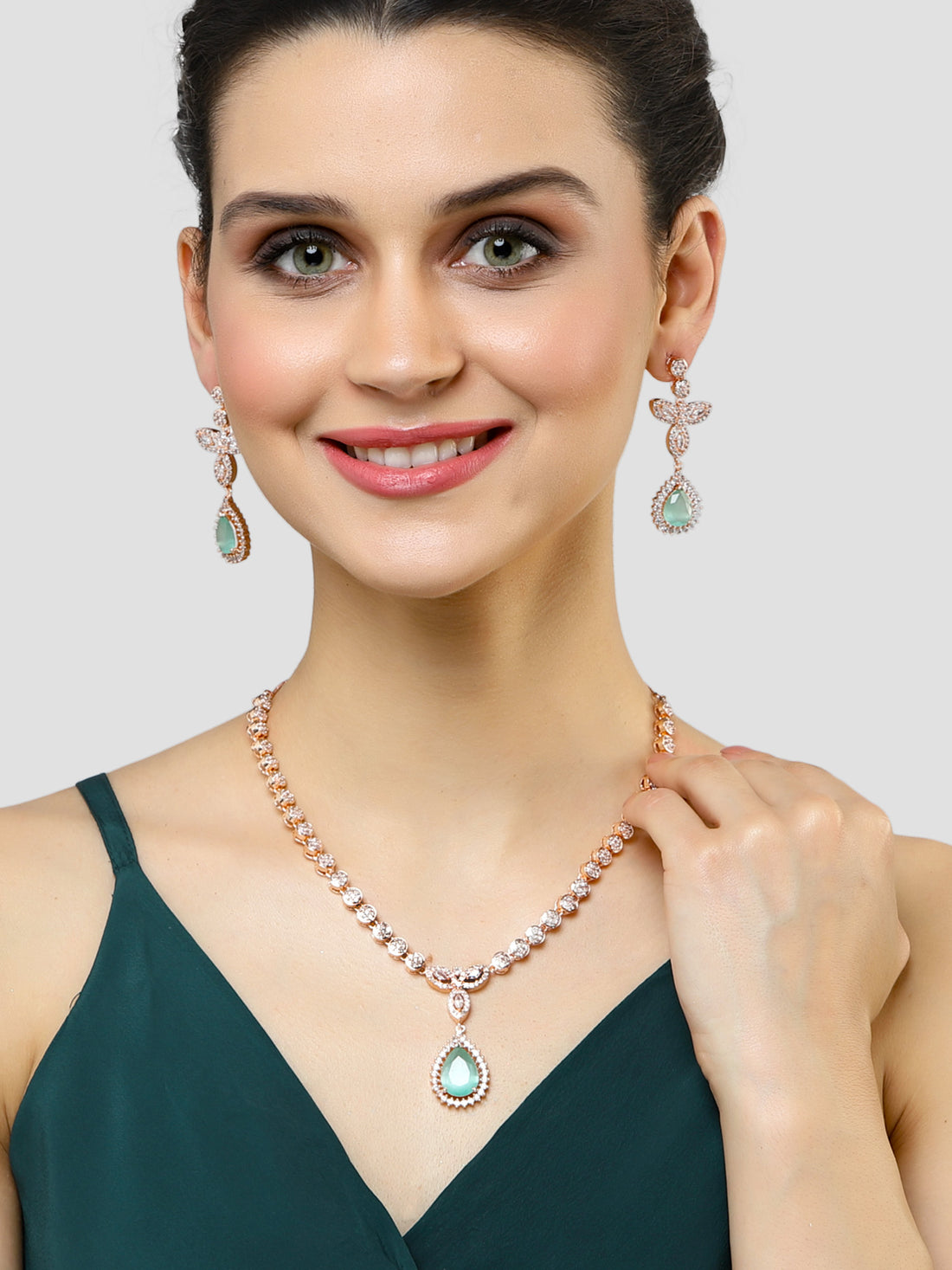 Karatcart Rose Gold Plated Drop Shape Light Green Cubic Zirconia Studded Necklace Set