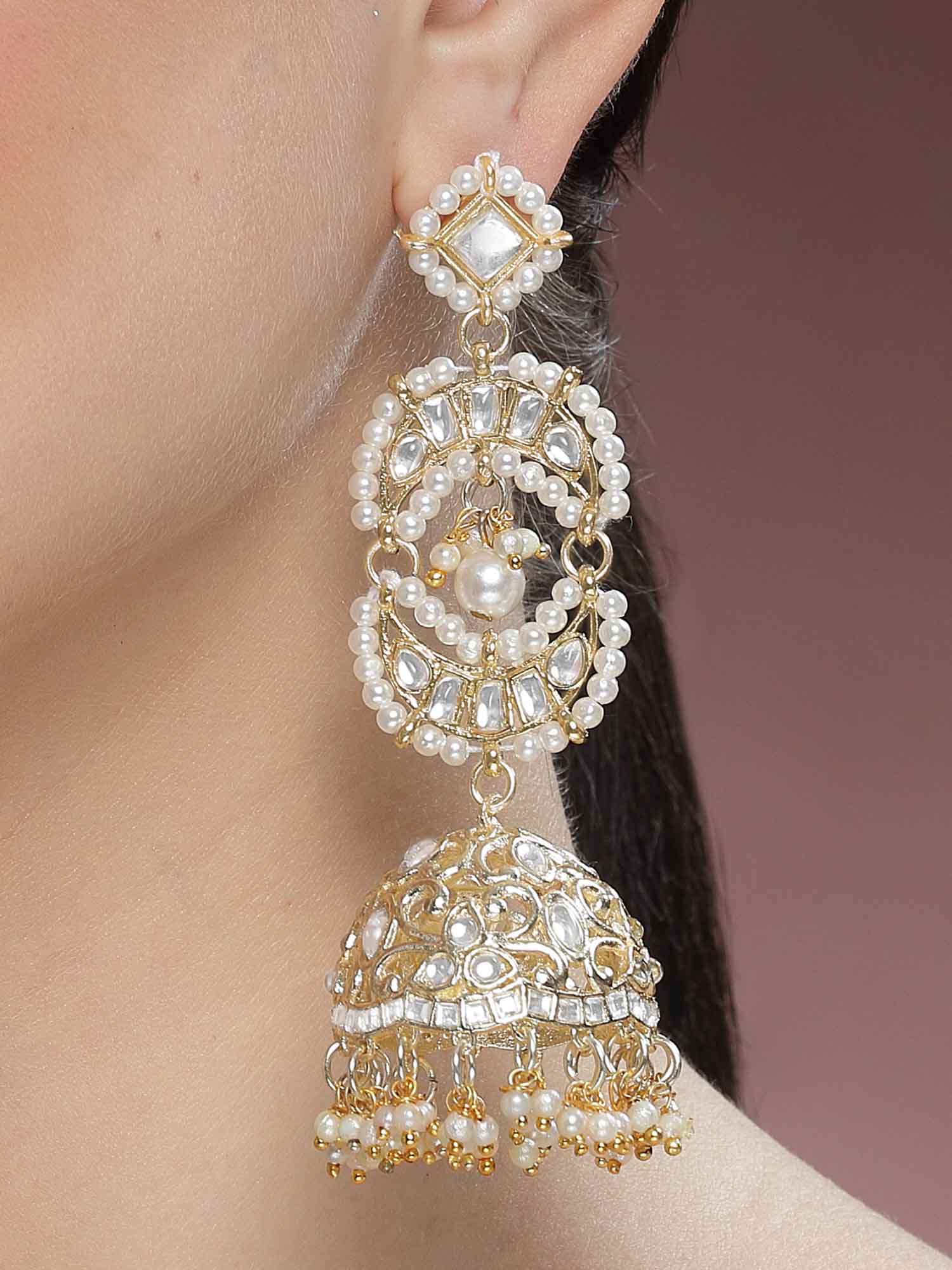 Karatcart Gold Plated Kundan Jhumki Drop Earrings for Women