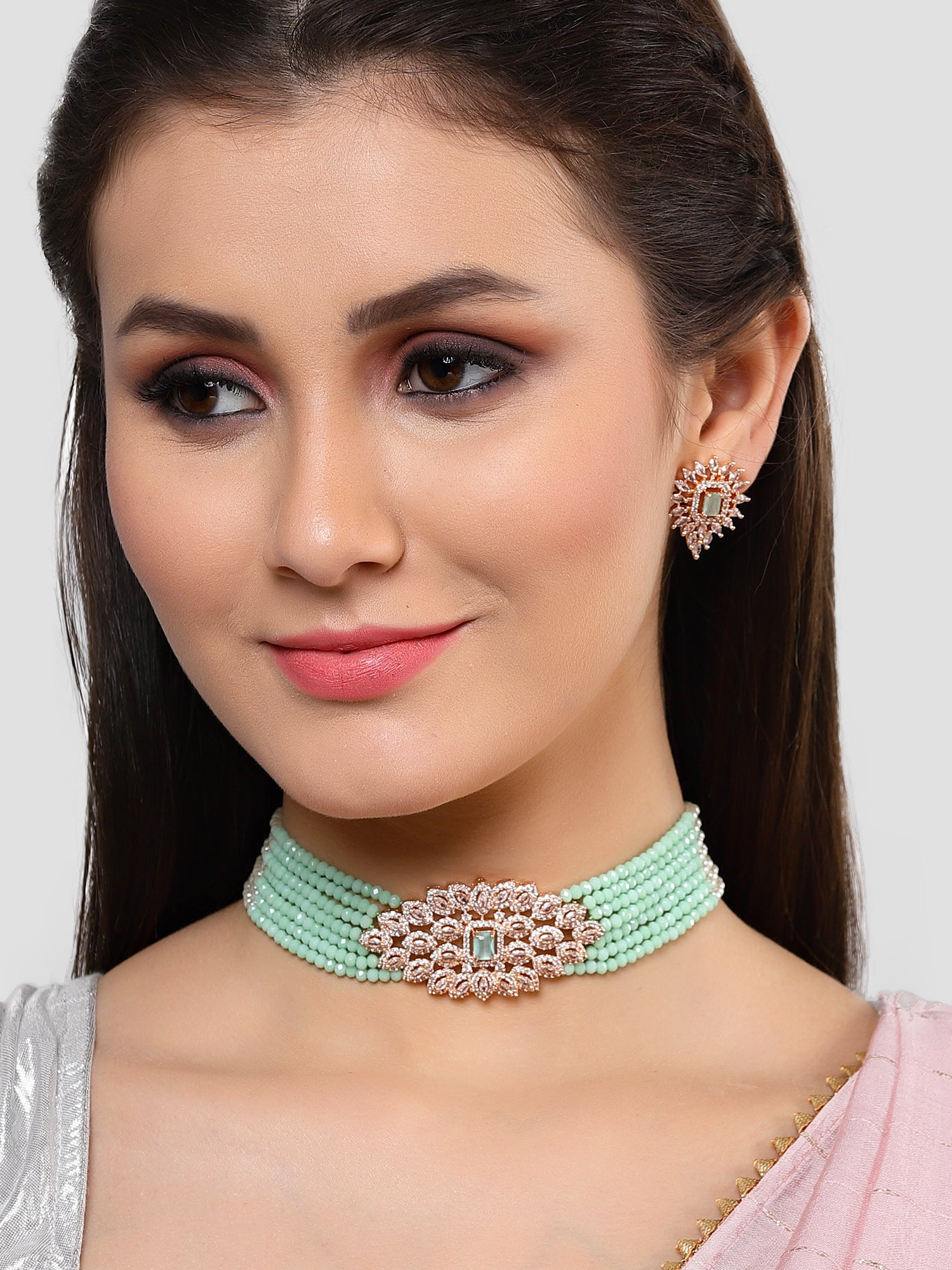Karatcart Rose Gold Plated Light Green Crystal Cubic Zirconia Choker Necklace Set for Women - Image 1