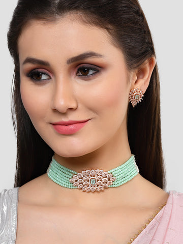 Karatcart Rose Gold Plated Light Green Crystal Cubic Zirconia Choker Necklace Set for Women