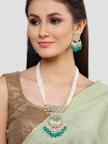 Karatcart Gold Plated Green Tumble and Pearl Studded Kundan Long Rani Haar Necklace Set