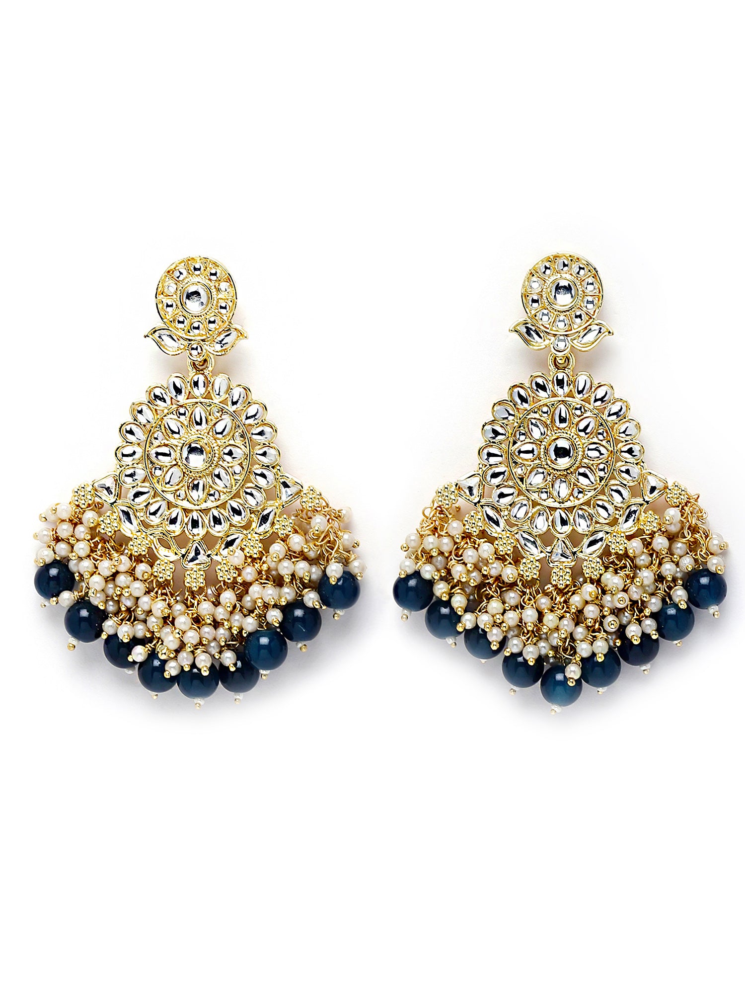 Karatcart Gold Plated Blue Beads and Pearl Studded Kundan Dangler Earrings for Women - view 4