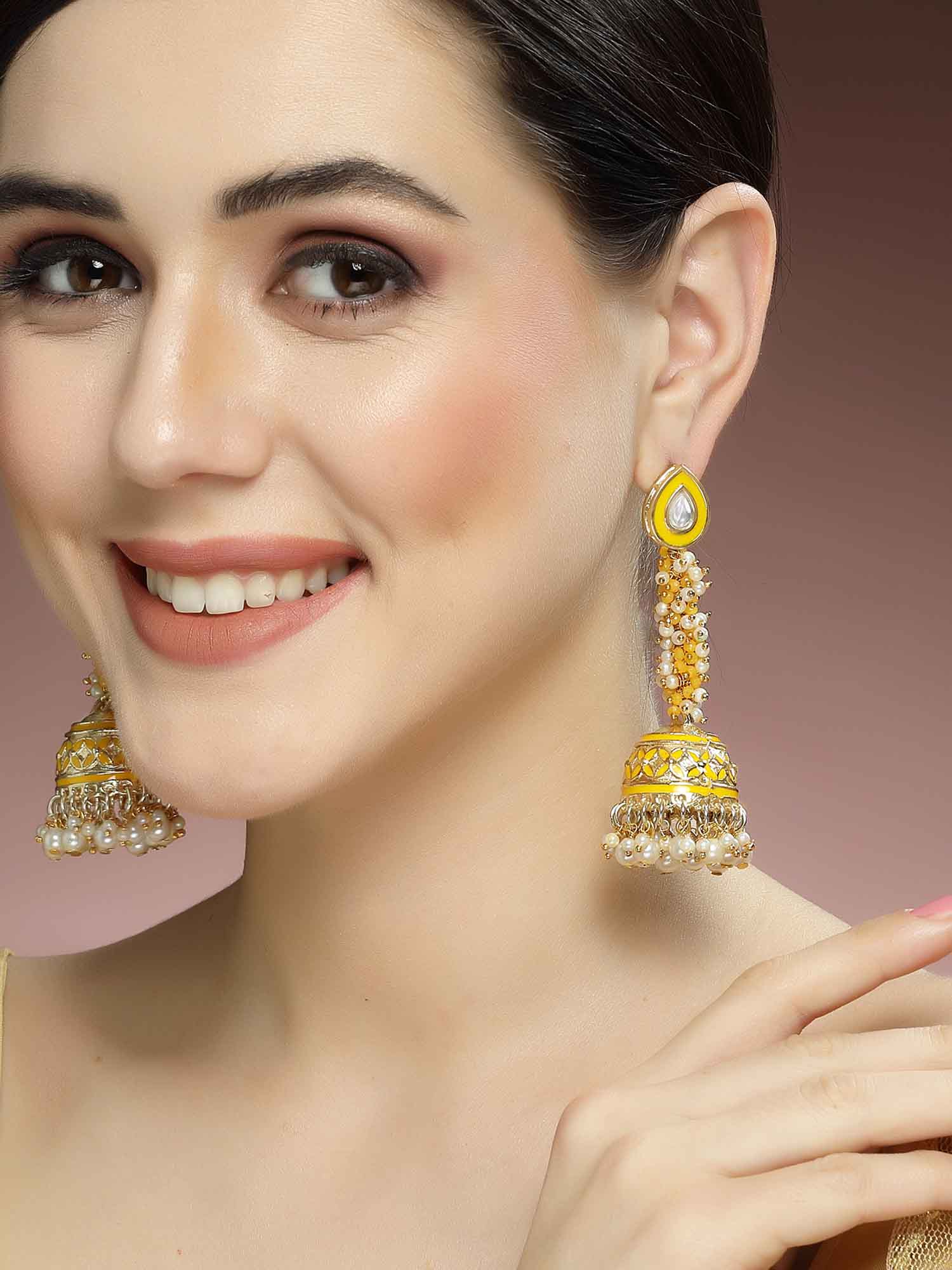 Karatcart Gold Plated Yellow Meena Kundan Jhumki Earrings for Women - view 2