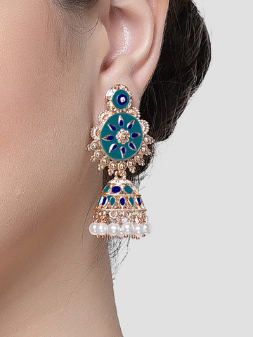 Karatcart Rose Gold Plated Blue Meena Floral Jhumki Earrings for Women