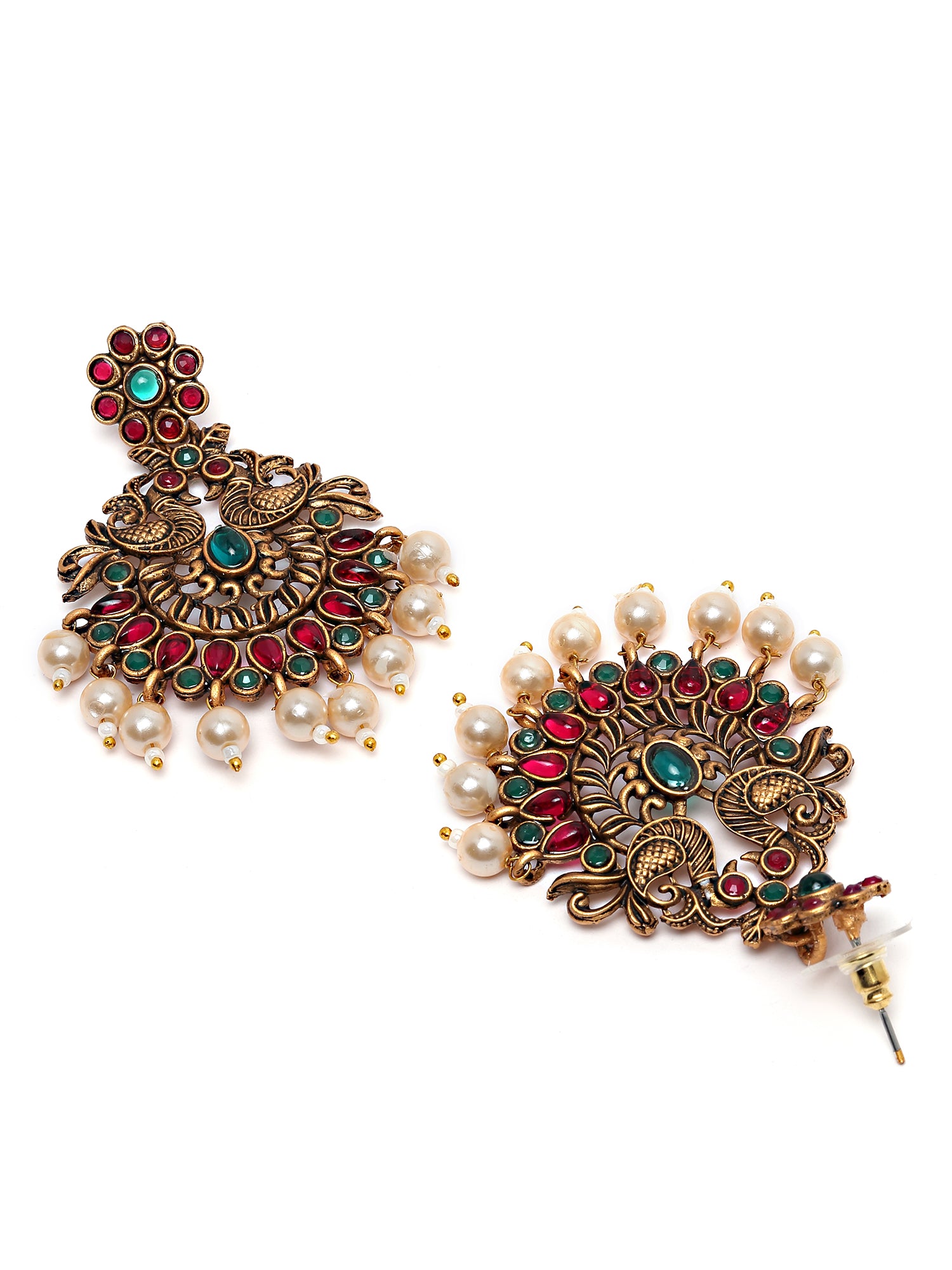 Karatcart Antique Gold Plated Red and Green Kundan Studded Dangler Earrings for Women - view 5