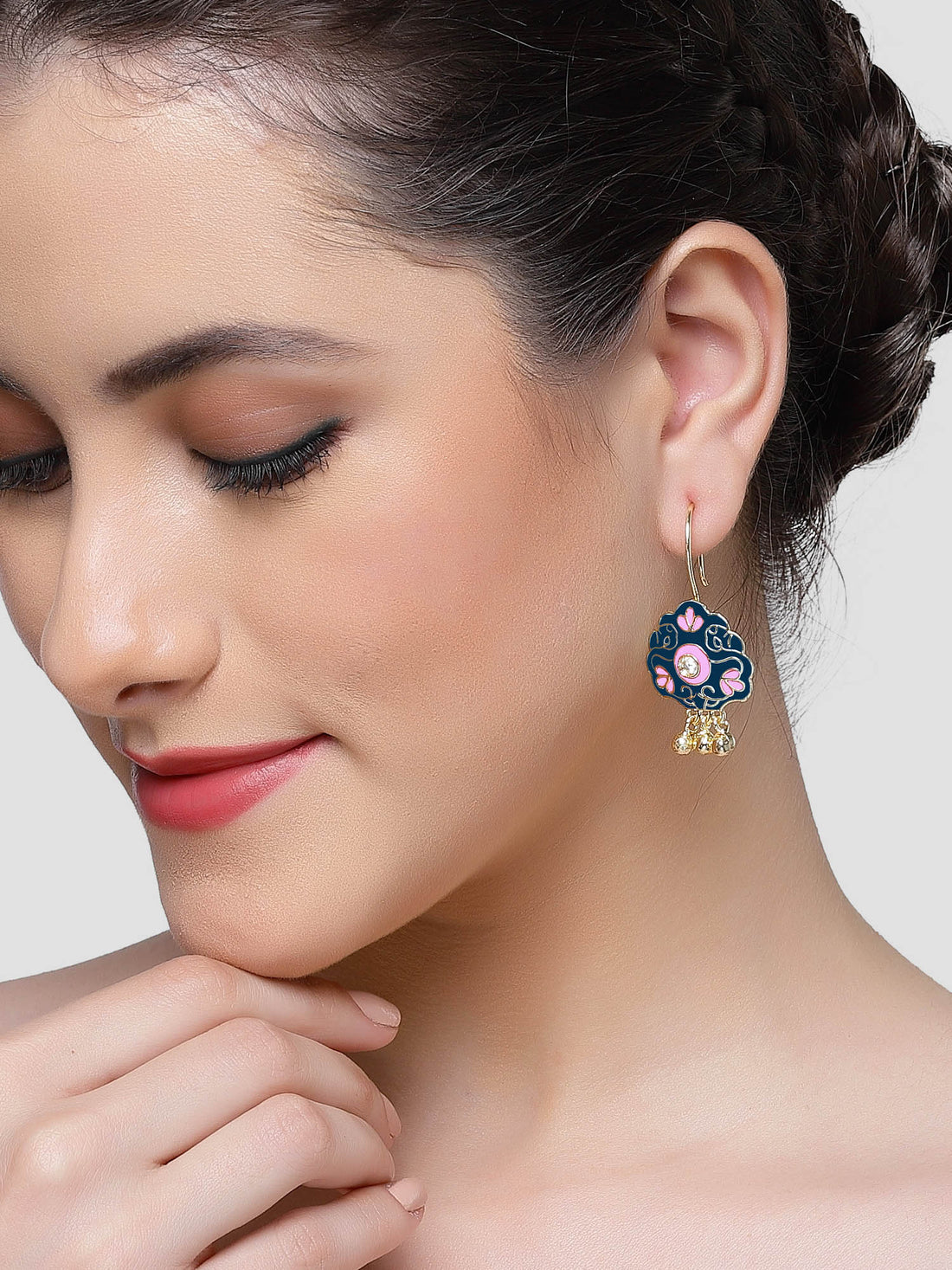 Karatcart Gold Plated Floral Design Blue and Pink Meena Drop Earrings for Women