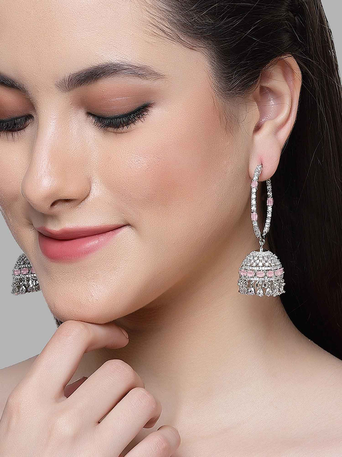 Karatcart Silver Plated Pink Cubic Zirconia Studded Hoop Jhumki Earrings for Women