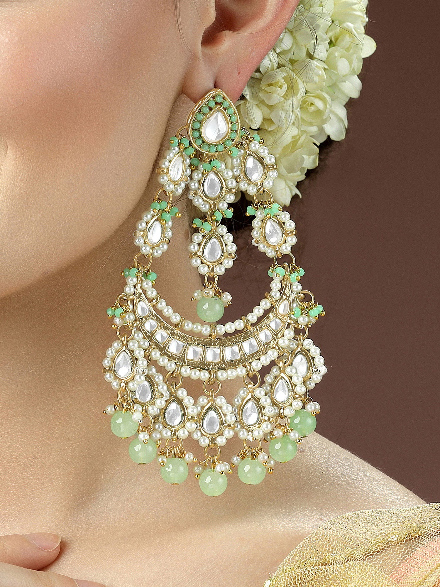 Karatcart Gold Plated Long Kundan Light Green Beads Dangler Earrings for Women - Image 1