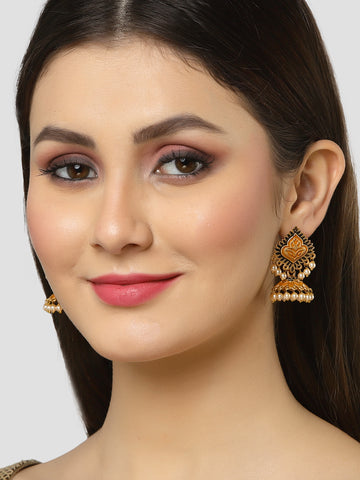 Karatcart Gold Plated Mustard Meena Jhumki Earrings for Women