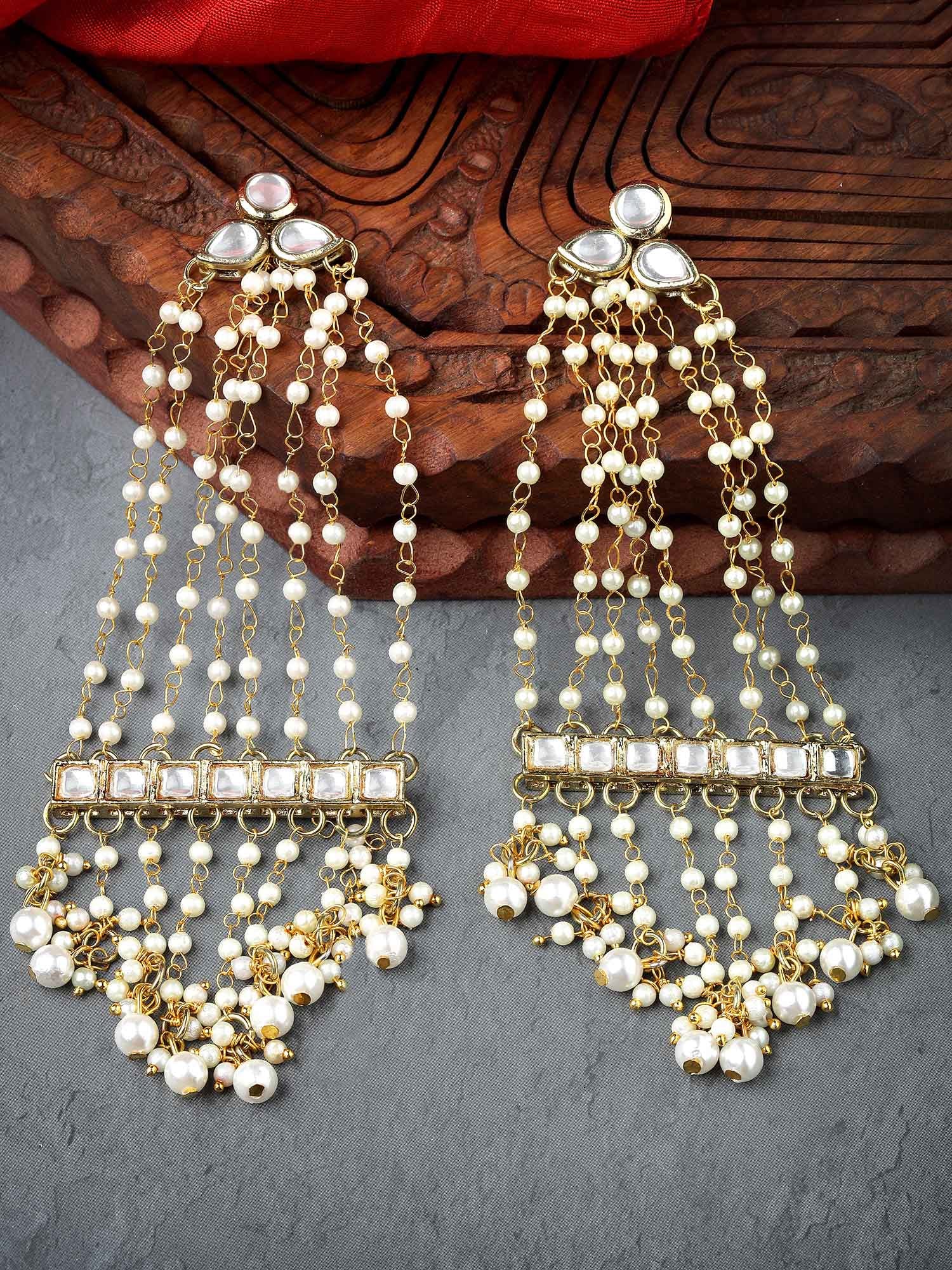 Karatcart Gold Plated Pearl Chain Kundan Drop Earrings for Women - view 3