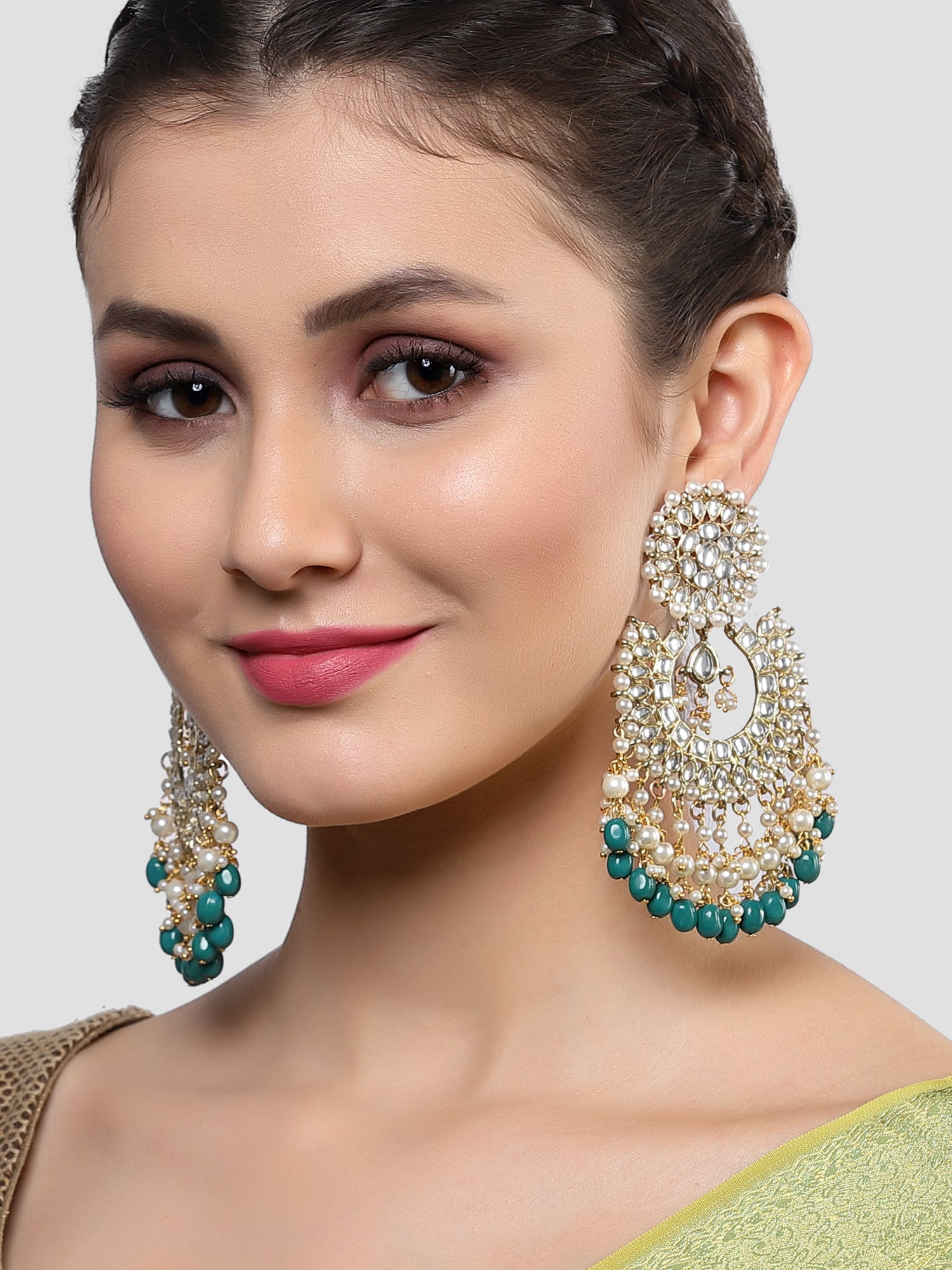 Karatcart Gold Plated Green Tumble and Pearl Studded Kundan Dangler Earrings for Women - Image 1