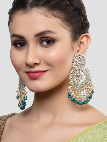 Karatcart Gold Plated Green Tumble and Pearl Studded Kundan Dangler Earrings for Women