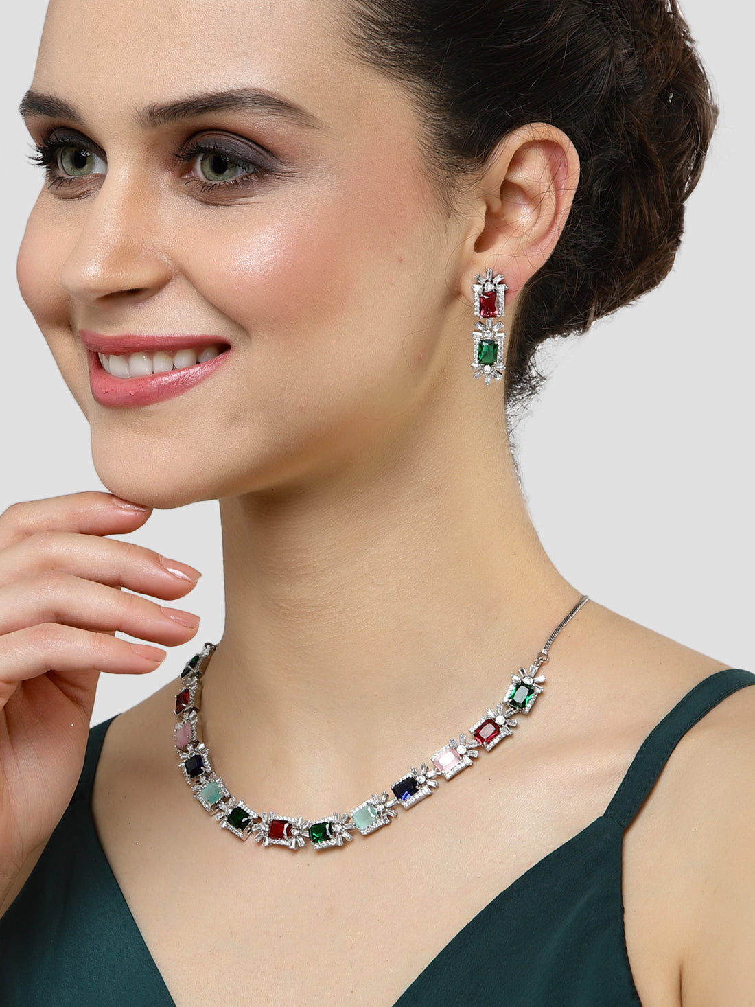 Karatcart Silver Tone Multicolor Cubic Zirconia Studded Necklace Set