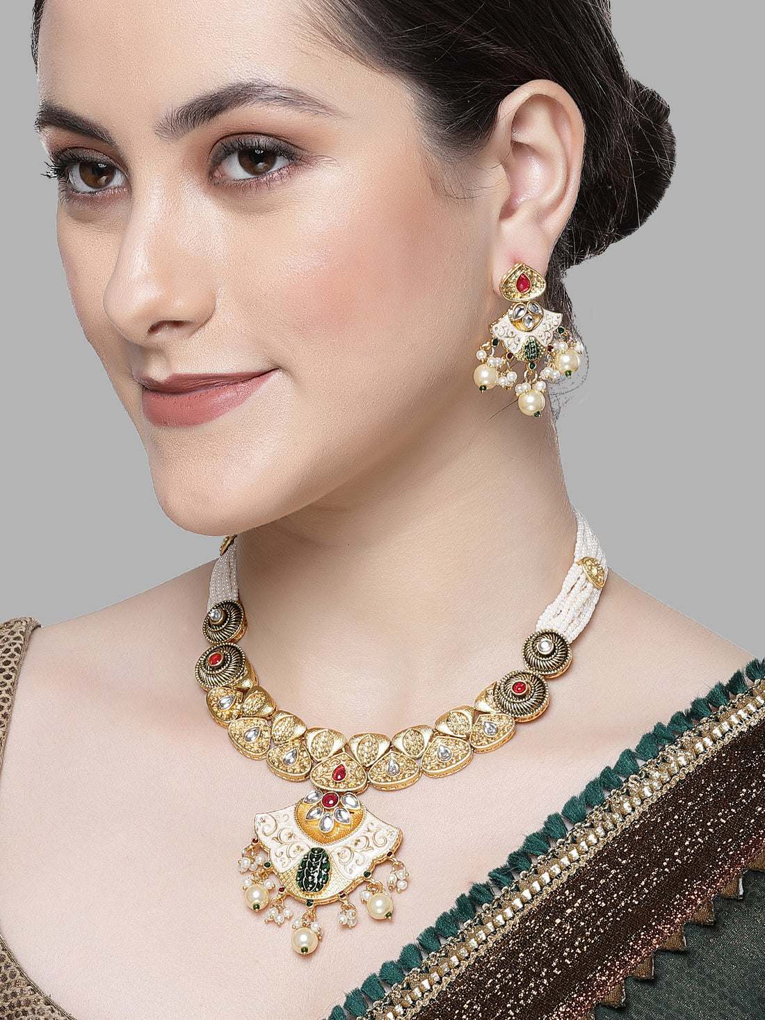 Karatcart Gold Plated Red and Green Kundan Meenakari Long Jewellery Set for Women