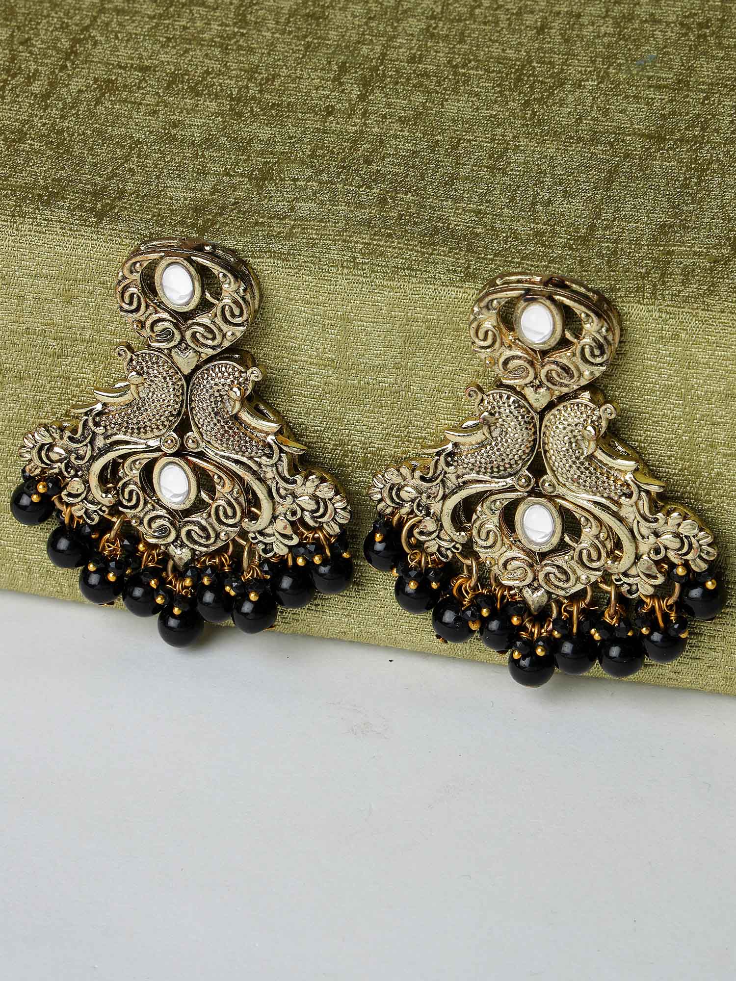 Karatcart Antique Gold Plated Black Beads Peacock Design Kundan Dangler Earrings for Women - view 3