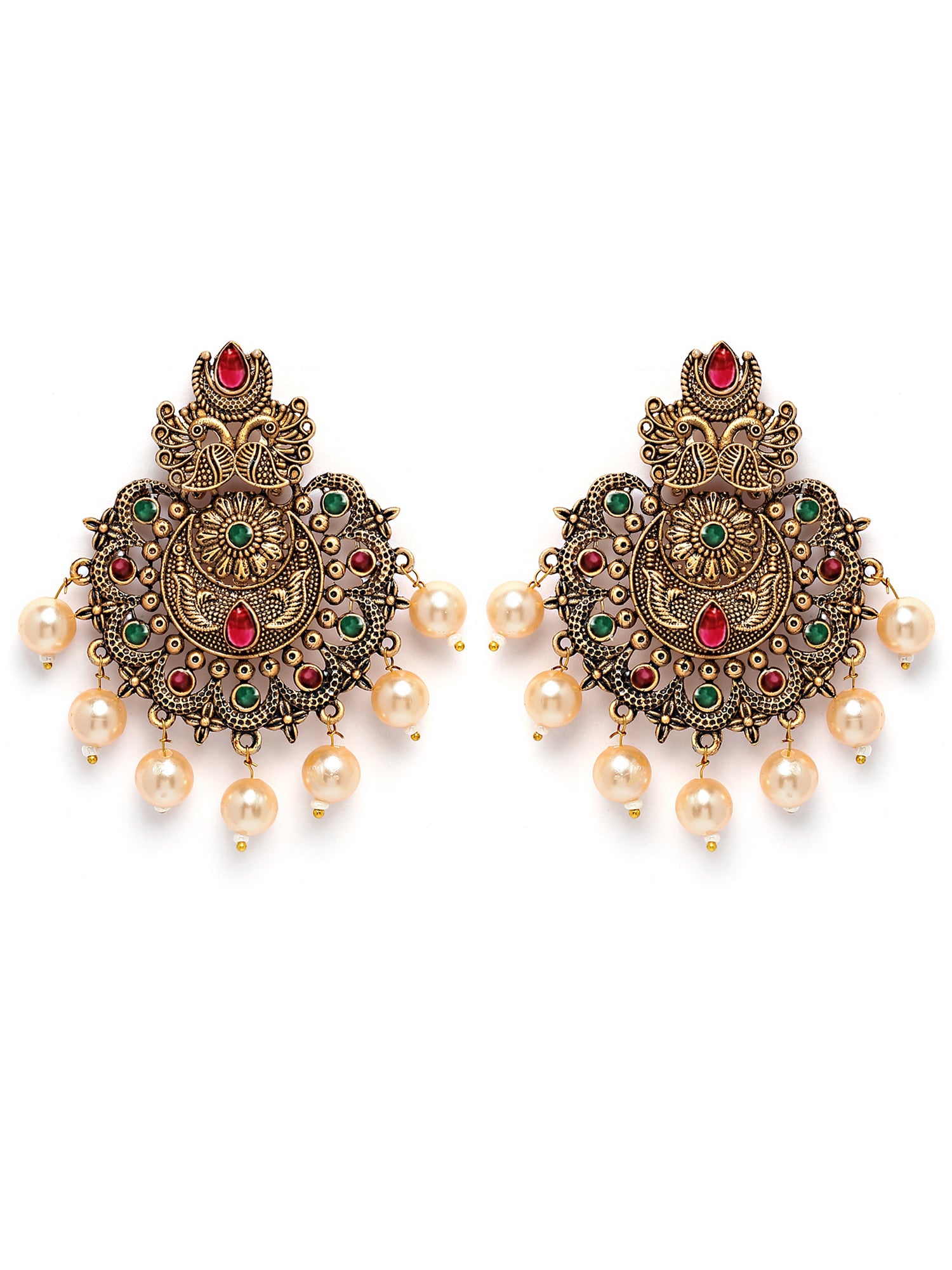 Karatcart Gold Plated Red and Green Floral Design Gloden Pearl Dangler Earrings for Women - view 4
