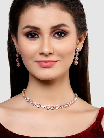 Karatcart Rose Gold Plated Pink CZ Stone Studded Jewellery Set