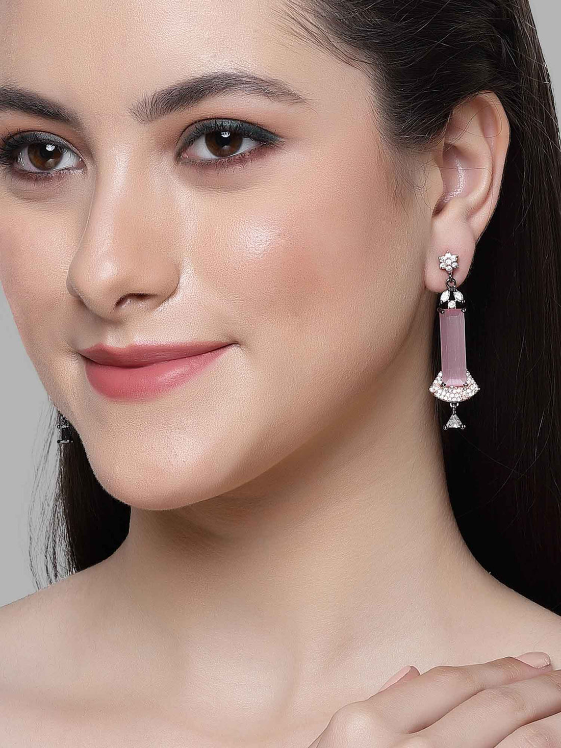 Karatcart Rose Gold Plated Pink Cubic-Zirconia Studded Drop Earrings for Women